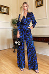 Cobalt and Black Print Wrap Top Jumpsuit