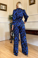 Cobalt and Black Print Wrap Top Jumpsuit