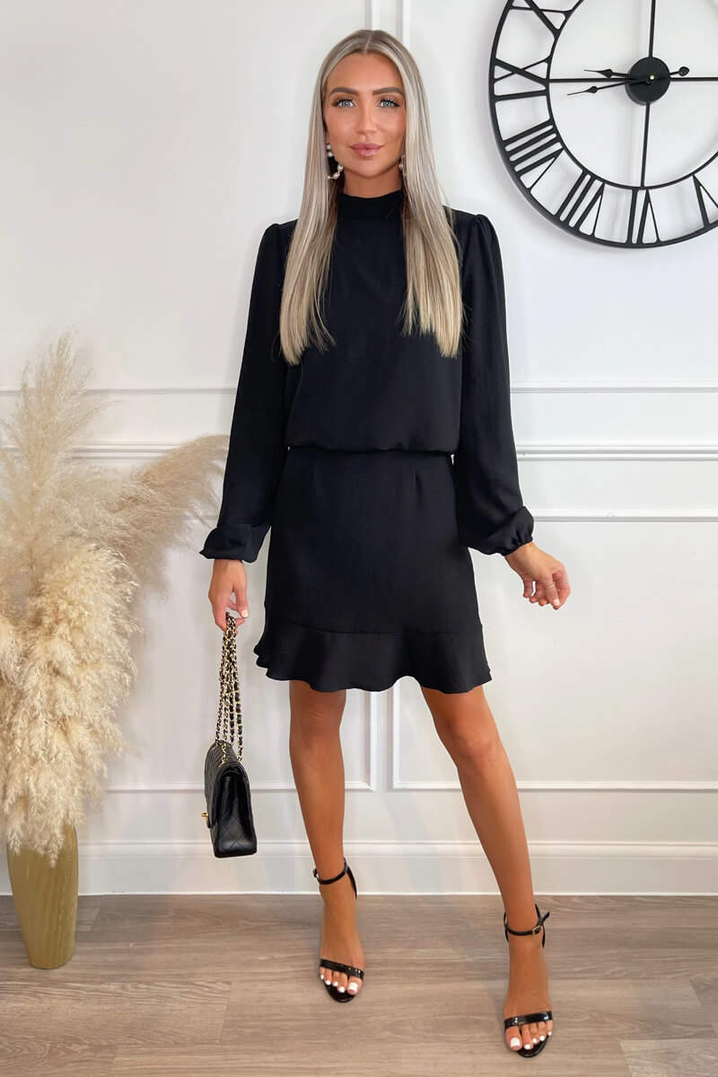 Black High Neck Long Sleeve Mini Dress