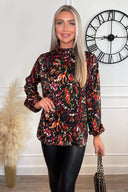 Multi Print High Ruffle Neck Top