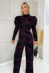 Wine Printed High Neck Puff Sleeve Jumpsuit