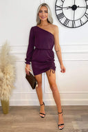 Plum One Sleeve Ruched Side Mini Dress