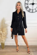 Black Button Tie Front Mini Shirt Dress