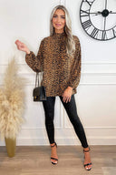 Camel Animal Print Long Sleeve Ruffle Neck Top