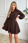 Chocolate Long Sleeve Button Front Skater Shirt Dress