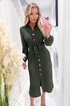 Olive Button Front Tie Shirt Midi Dress