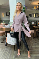 Taupe Satin Tie Waist Wrap Shirt