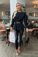 Black Long Sleeve Belted Top