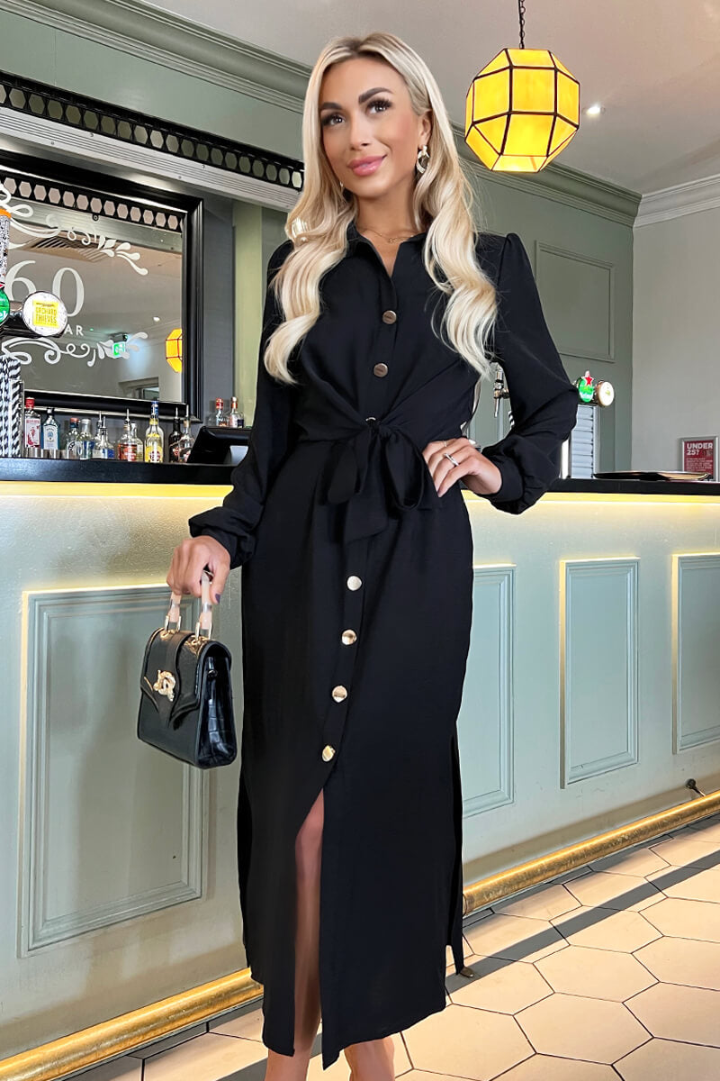 Black Button Front Tie Midi Shirt Dress