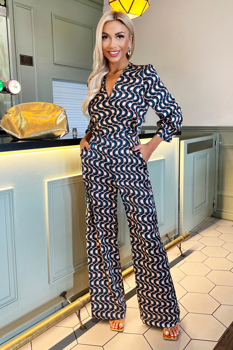 Multi Print 3/4 Length Sleeve Wrap Top Belted Jumpsuit