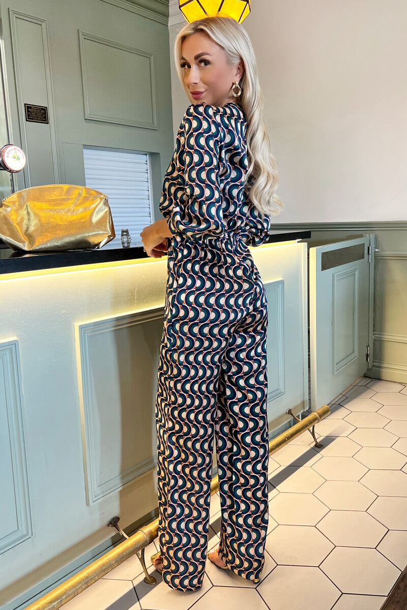 Multi Print 3/4 Length Sleeve Wrap Top Belted Jumpsuit