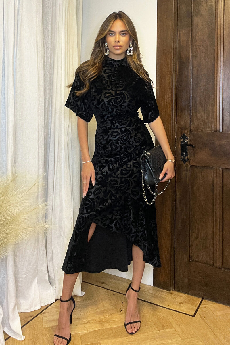 Black Jacquard Velvet Asymmetrical Hem High Neck Midi Dress AX Paris US Black Jacquard Velvet Asymmetrical Hem High Neck Midi Dress AX Paris US