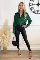 Teal Satin Wrap Shirt Bodysuit