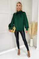 Teal High Neck Satin Long Sleeve Top