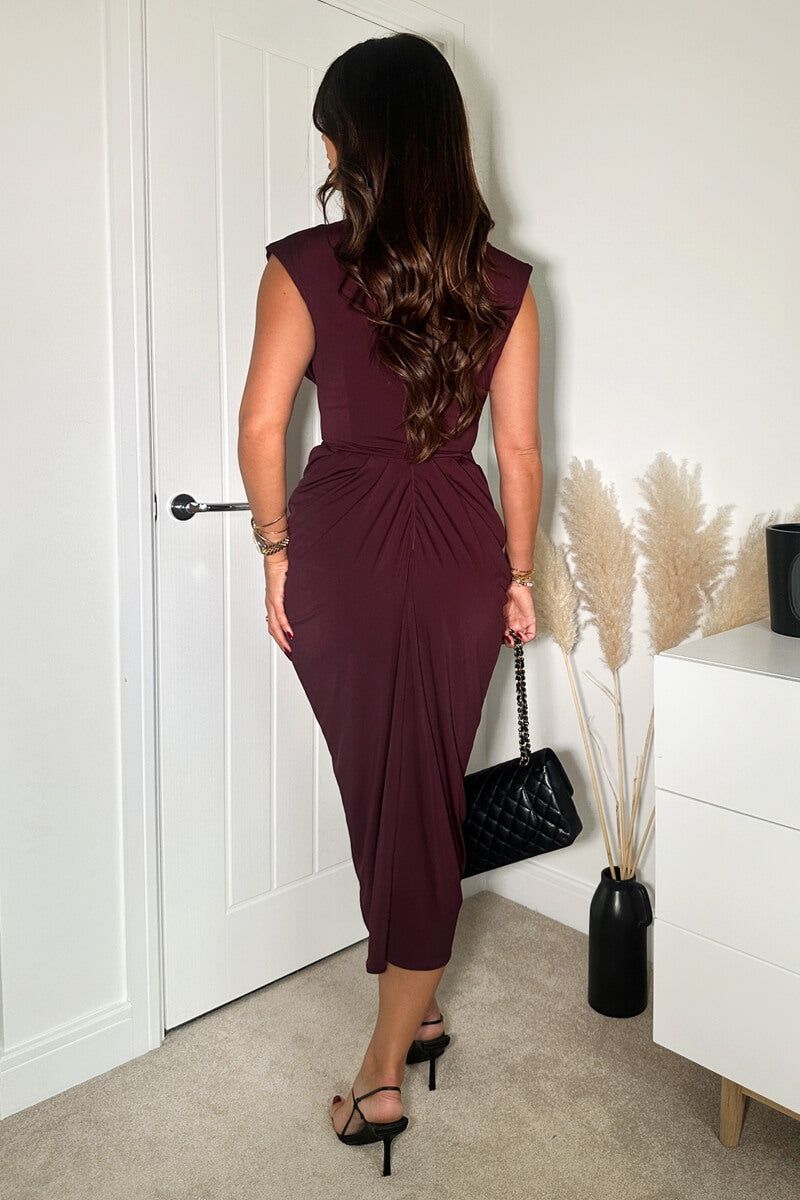 Plum Wrap Draped Midi Dress