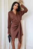 Chocolate Satin Wrap Long Sleeve Mini Dress