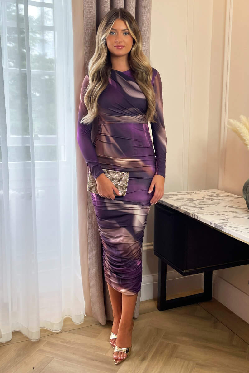 Plum Printed Long Sleeve Ruched Bodycon Midi Dress – AX Paris US
