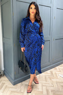 Cobalt Animal Print Collared Midi Dress