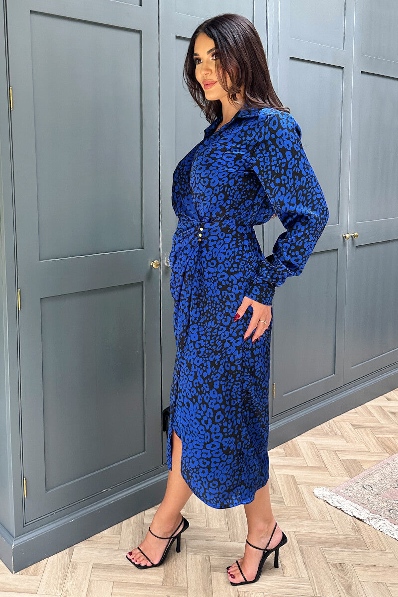 Cobalt Animal Print Collared Midi Dress