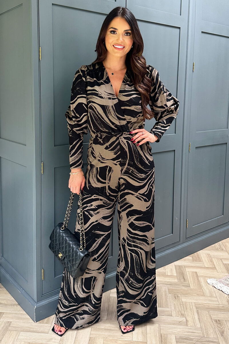 Black and Khaki Print Wrap Top Jumpsuit