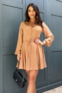 Camel Long Sleeve Button Front Skater Shirt Dress