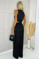 Black Satin Cut Out Waist Full Length Jumpsuit