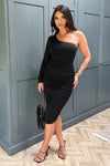 Black One Sleeve Ruched Bodycon Midi Dress