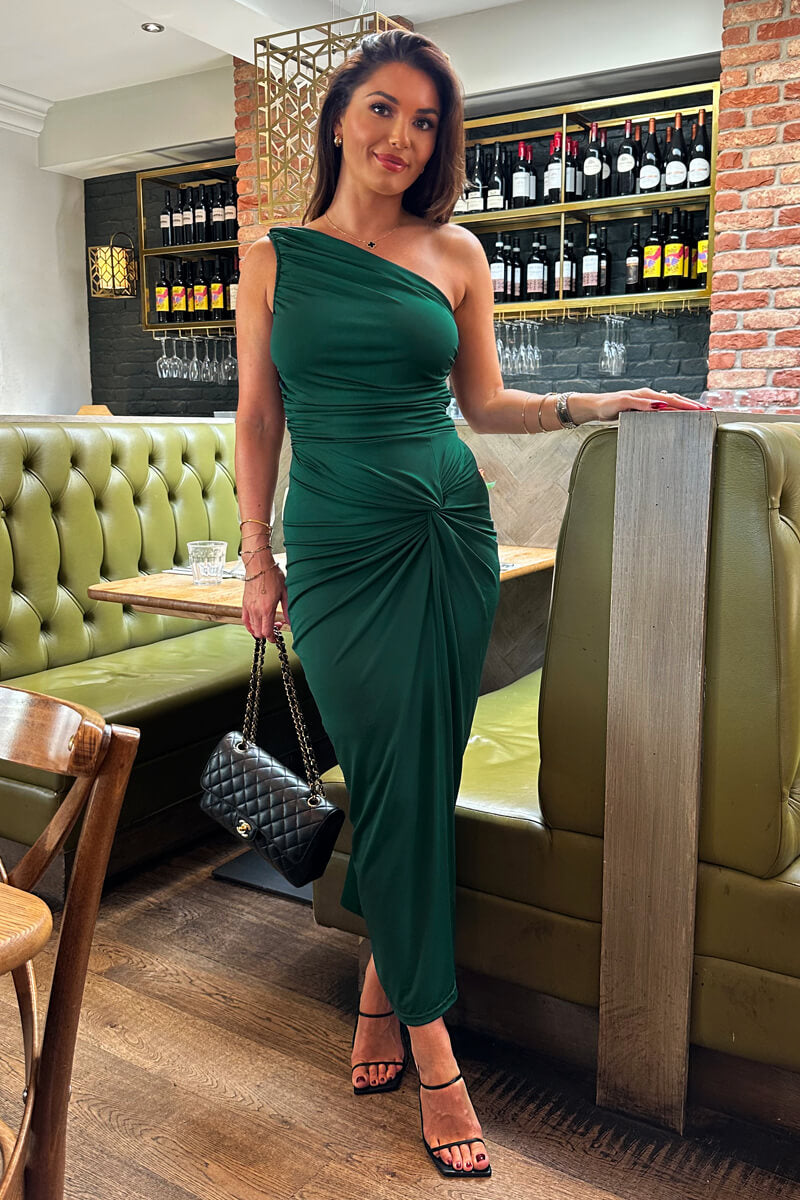 Teal One Shoulder Knot Skirt Midi Dress