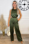 Khaki Satin Cut Out Waist Full Length Jumpsuit