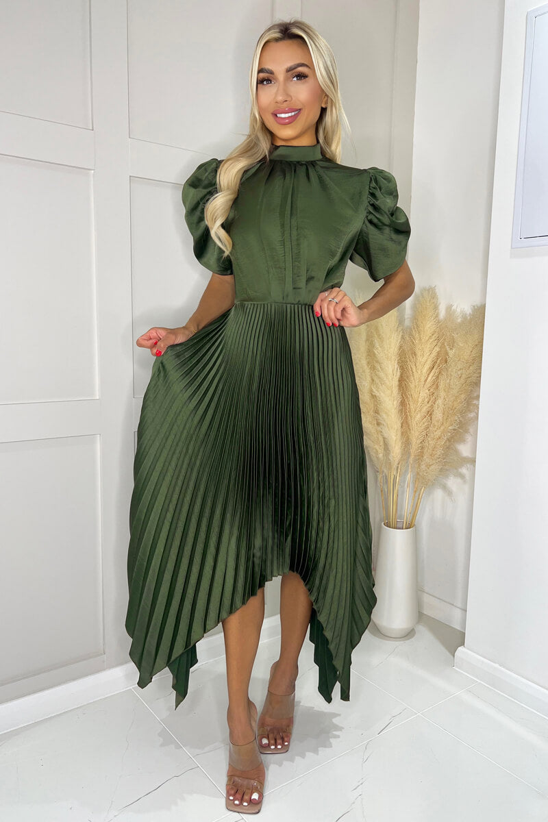 Olive High Neck Puff Sleeve Zig Zag Hem Pleated Midi Dress – AX Paris US