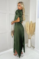 Olive High Neck Puff Sleeve Zig Zag Hem Pleated Midi Dress