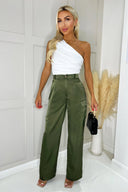 Olive Satin Straight Leg Cargo Pants