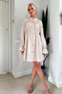 Stone Long Sleeve Gathered Detail Button Front Dress