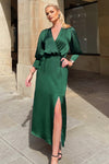 Teal Satin Wrap Top Long Sleeve Midi Dress