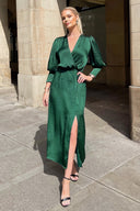 Teal Satin Wrap Top Long Sleeve Midi Dress