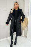 Black Longline Faux Shearling Coat