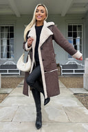 Brown Longline Faux Shearling Coat