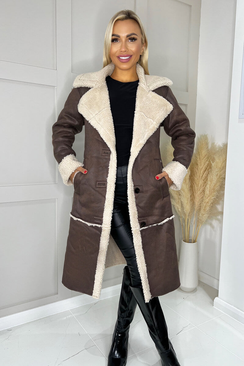 Brown Longline Faux Shearling Coat