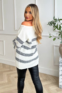 Cream And Grey Stripe Knitted Off The Shoulder Jumper