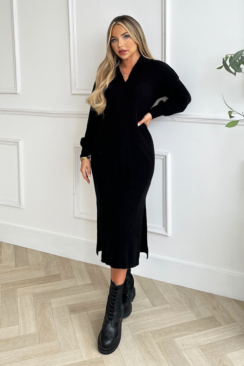 Black Knit Long Sleeve Collared Midi Dress