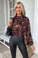 Multi Print High Ruffle Neck Top