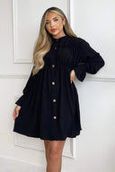 Black Long Sleeve Gathered Detail Button Front Dress