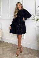 Black Long Sleeve Gathered Detail Button Front Dress