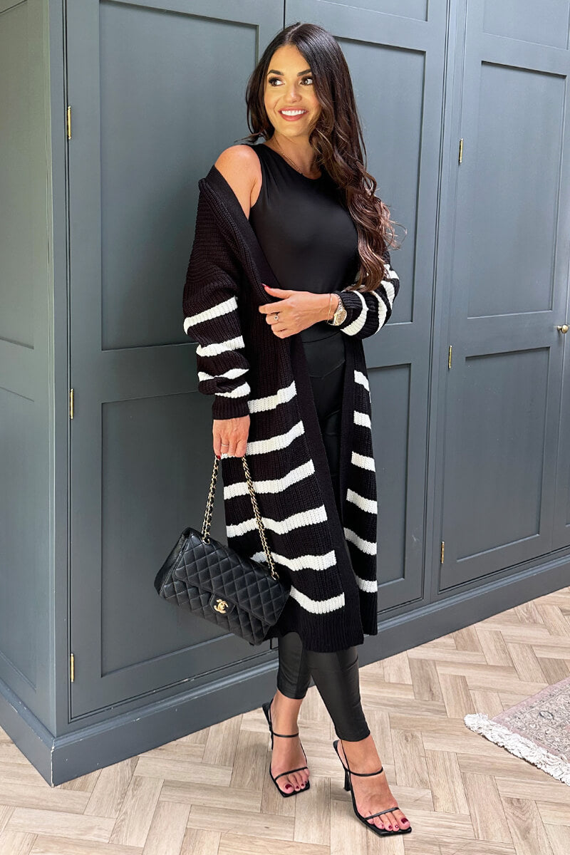 Black And Cream Stripe Knit Long Cardigan