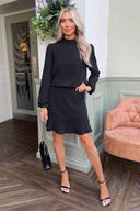 Black High Neck Long Sleeve Mini Dress