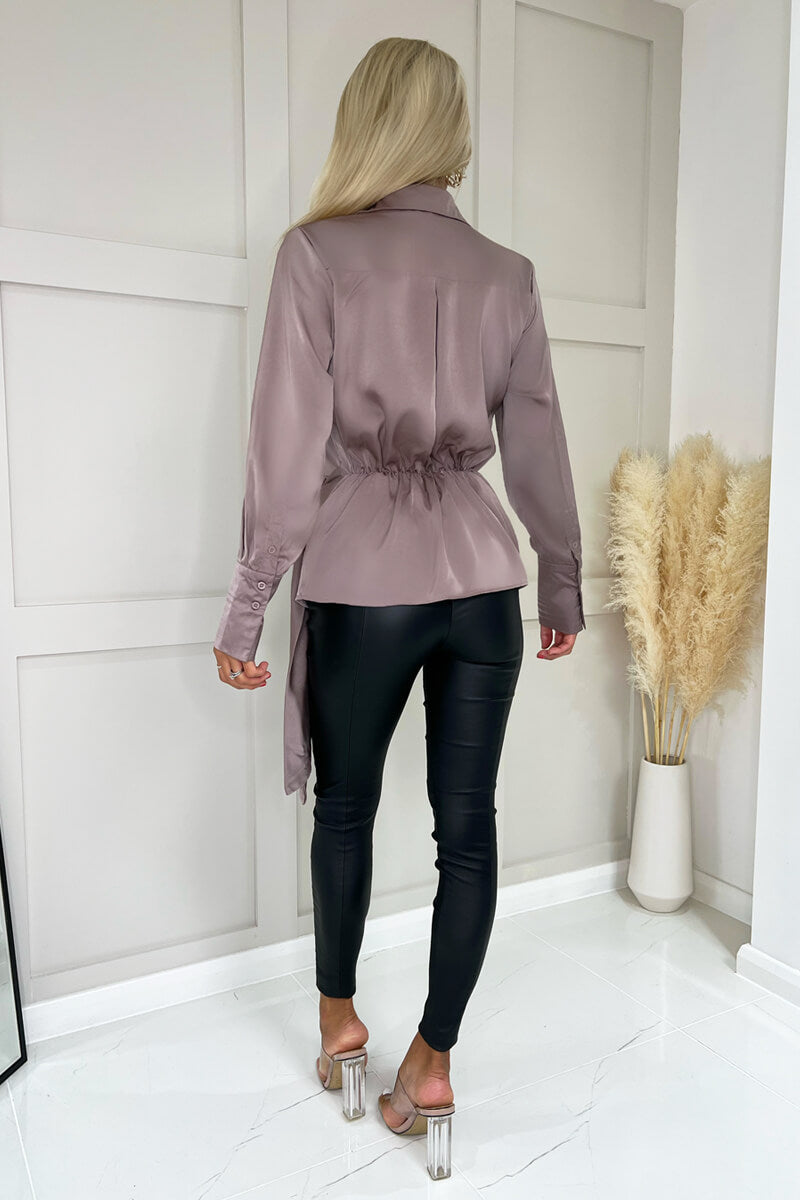 Taupe Satin Tie Waist Wrap Shirt