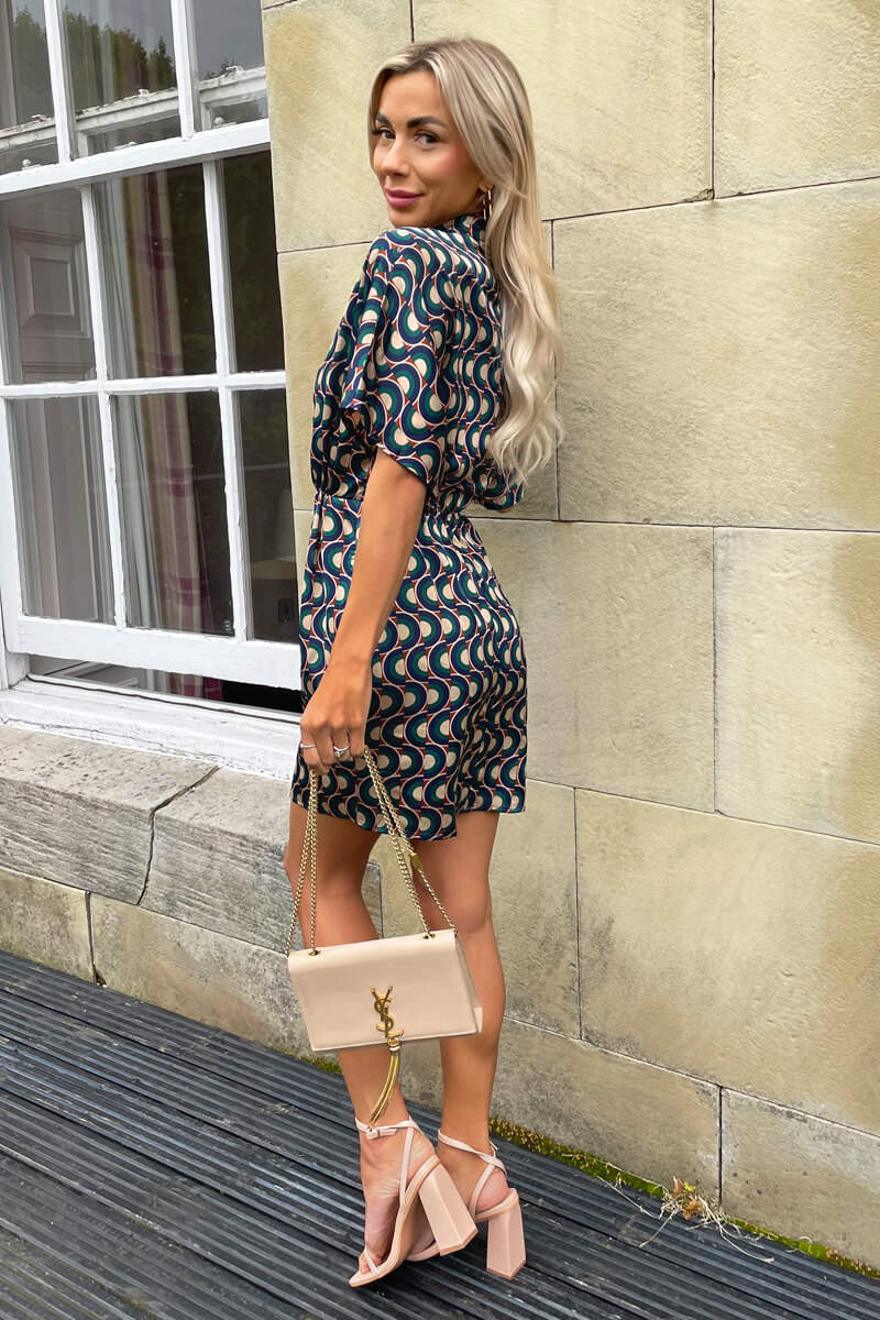 Multi Print High Neck Short Sleeved Mini Dress