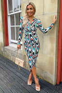 Teal Printed Long Sleeve Wrap Midi Dress