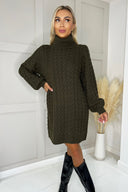 Olive Roll Neck Cable Knit Dress