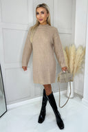 Oatmeal High Neck Knitted Jumper Dress